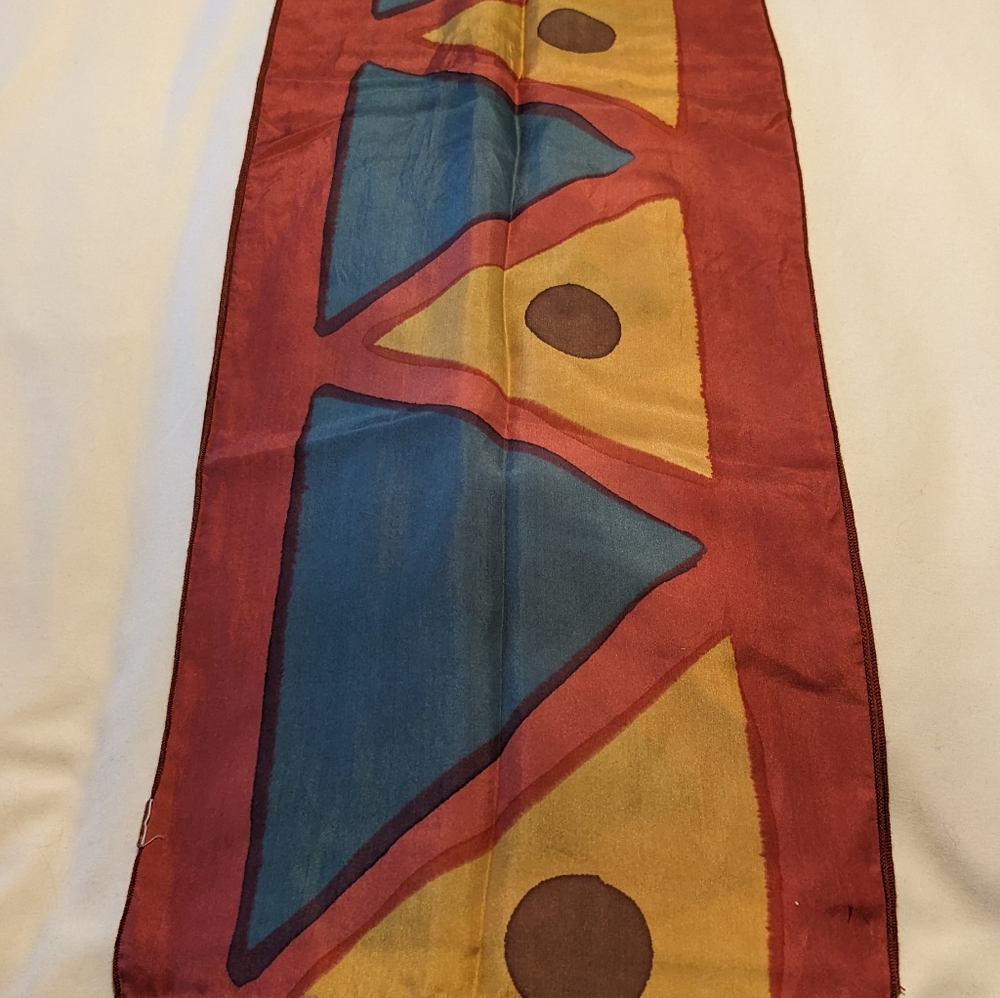 Is It Silk (?) Geometric Scarf Vintage Modern Artsy 16 X 72 Inches Jewel Tones
